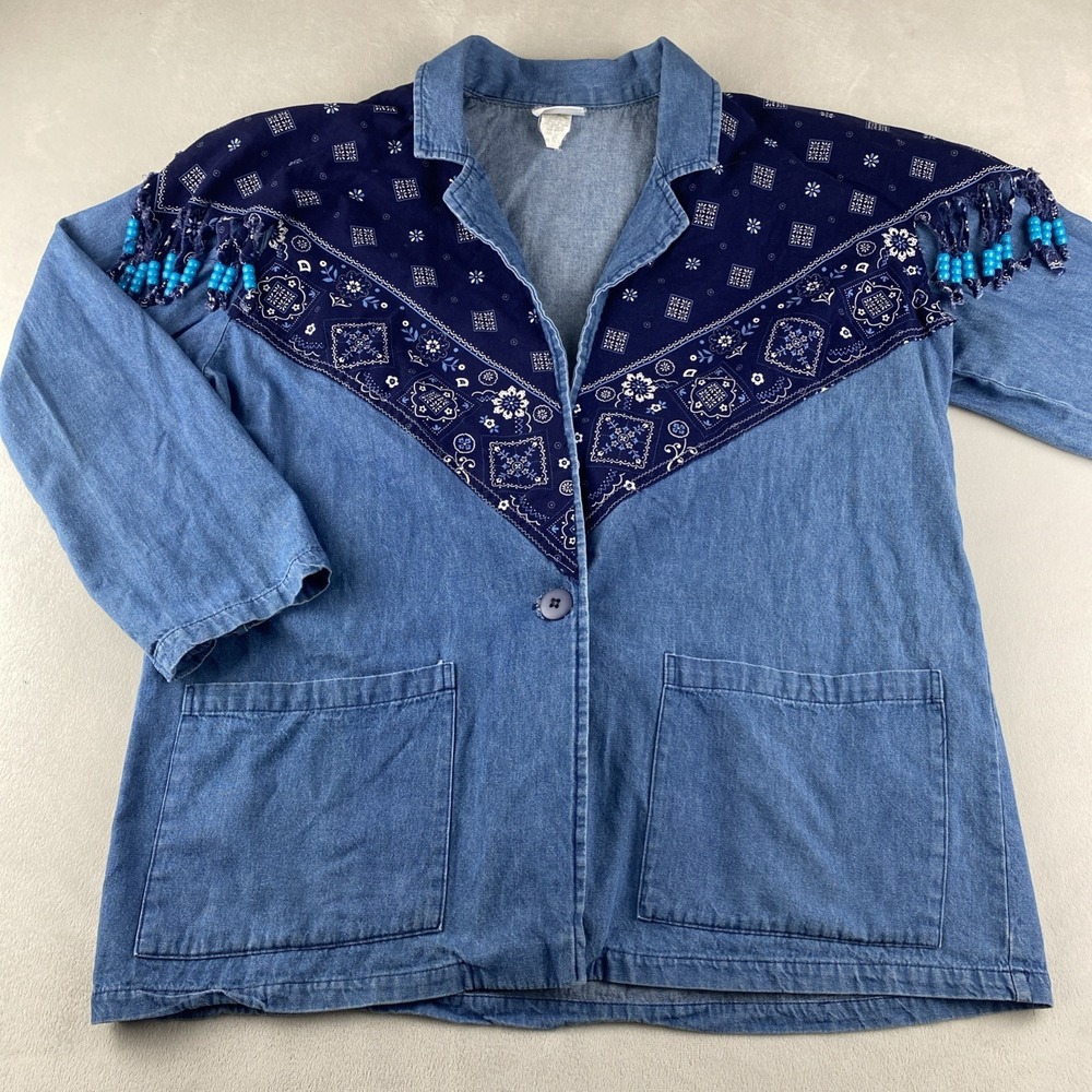 VTG western denim cotton blazer womens L beaded southwestern USA lightweight - Picture 11 of 13